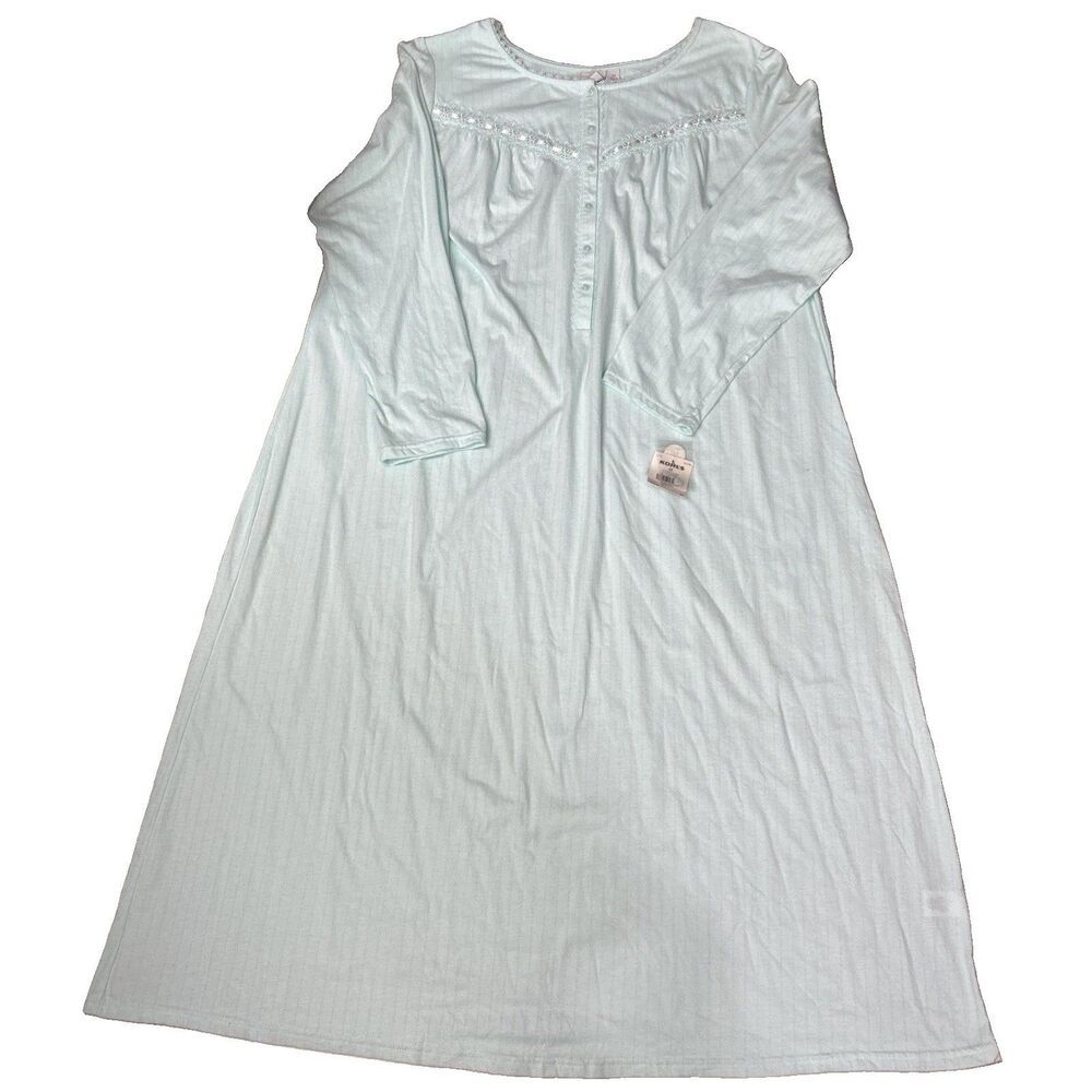 Croft & Barrow Nightgown Long Sleeve 2X Mint Lace Yoke Rib Knit Cottage Granny